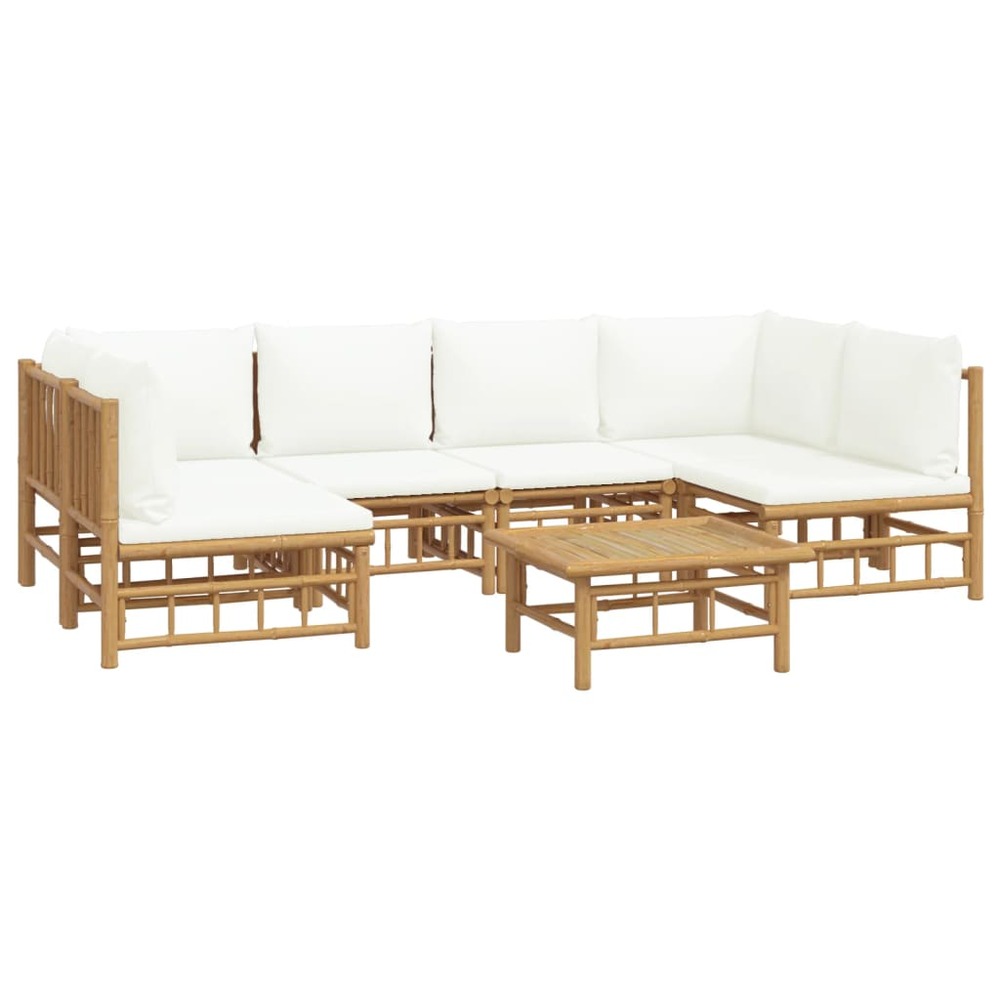 Salon de jardin meuble d'extérieur ensemble de mobilier 7 pièces avec coussins blanc crème bambou