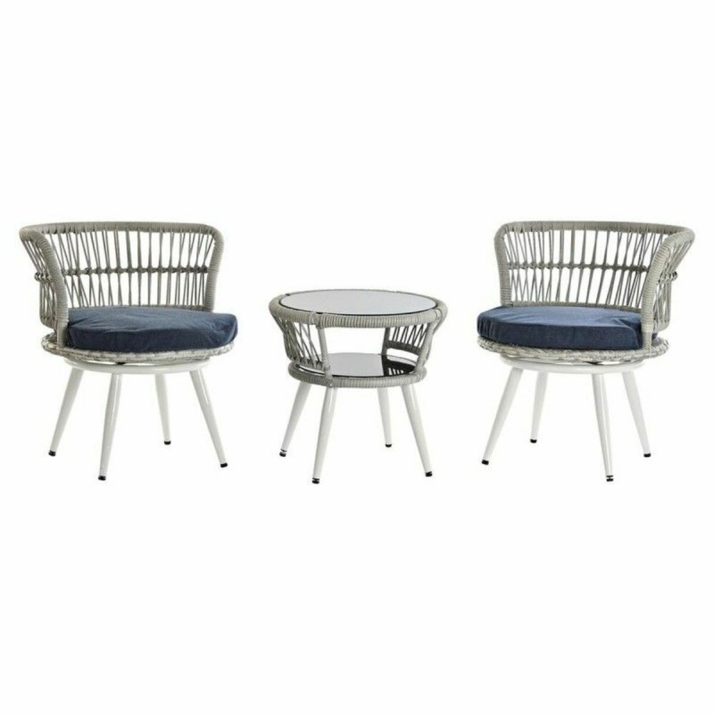 Ensemble table avec 2 sièges thyann verre bleu rotin synthétique acier blanc (65 x 65 x 68 cm)