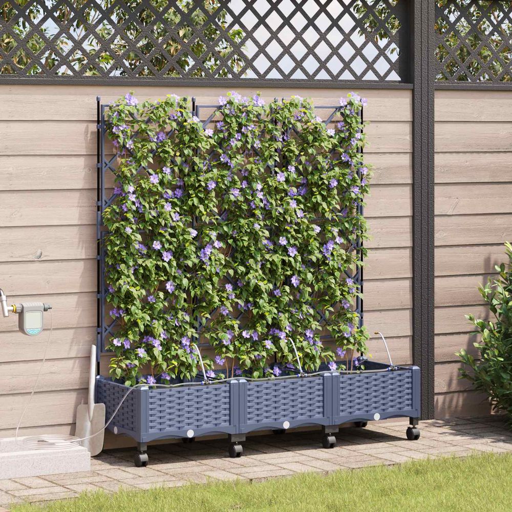 Jardinière treillis irrigation polypropylène terrasse jardin roues gris 120x40x132cm