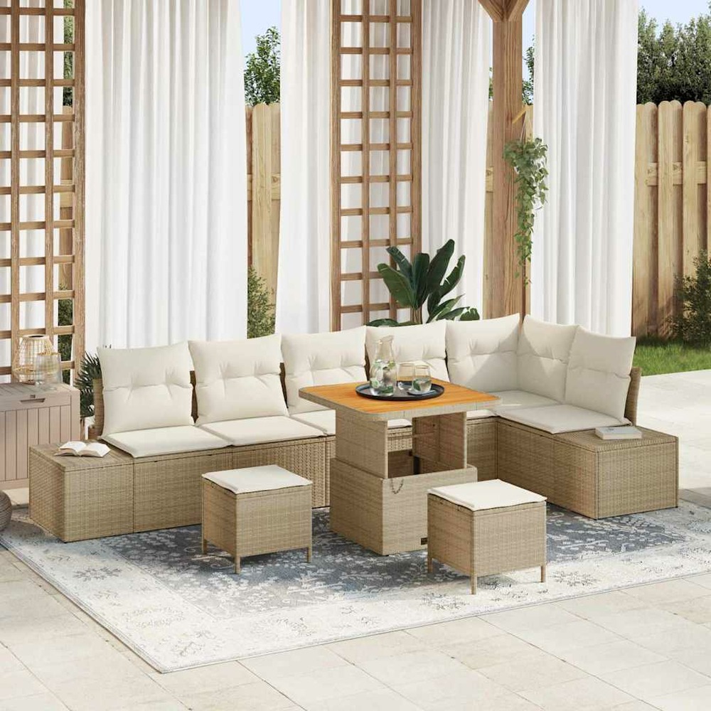 Ensemble de canapé de jardin avec coussin 9 pcs beige polyrotin