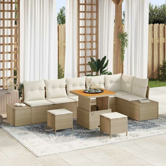 Ensemble de canapé de jardin avec coussin 9 pcs beige polyrotin