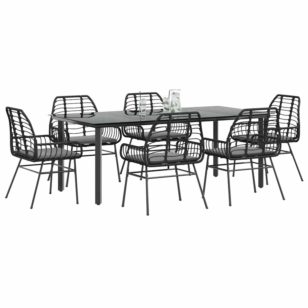 Ensemble à manger de jardin coussins 7pcs noir poly rotin verre