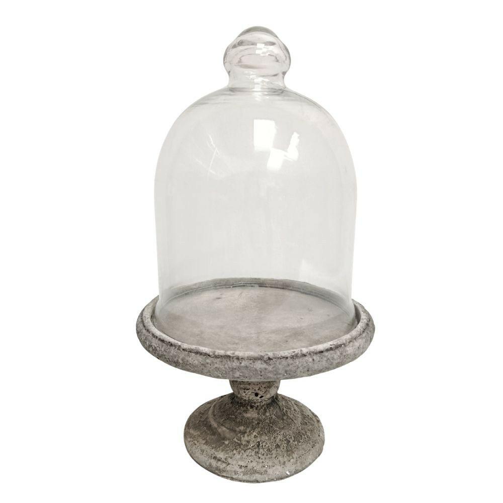 Plateau sur pied en ciment couleur pierre sous cloche en verre ø.21 x ht.38 cm