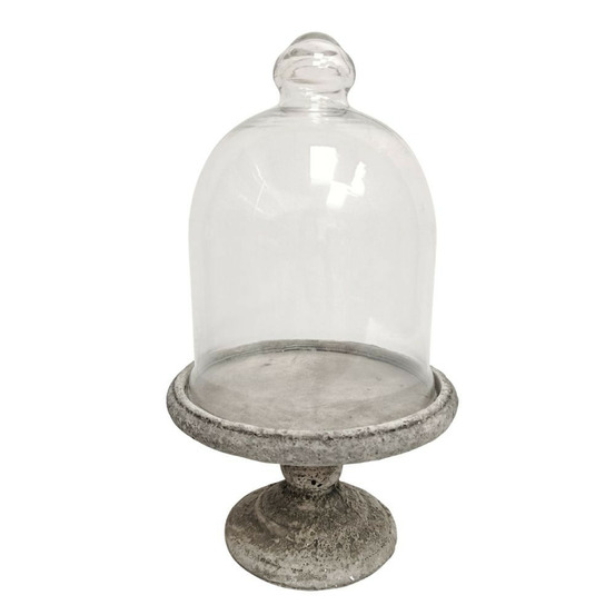 Plateau sur pied en ciment couleur pierre sous cloche en verre ø.21 x ht.38 cm