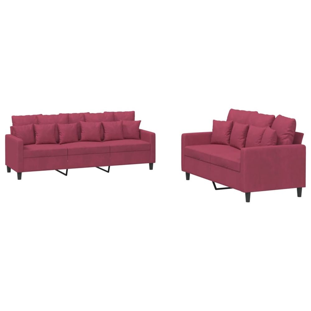 Ensemble de canapés 2 pcs avec coussins rouge bordeaux velours
