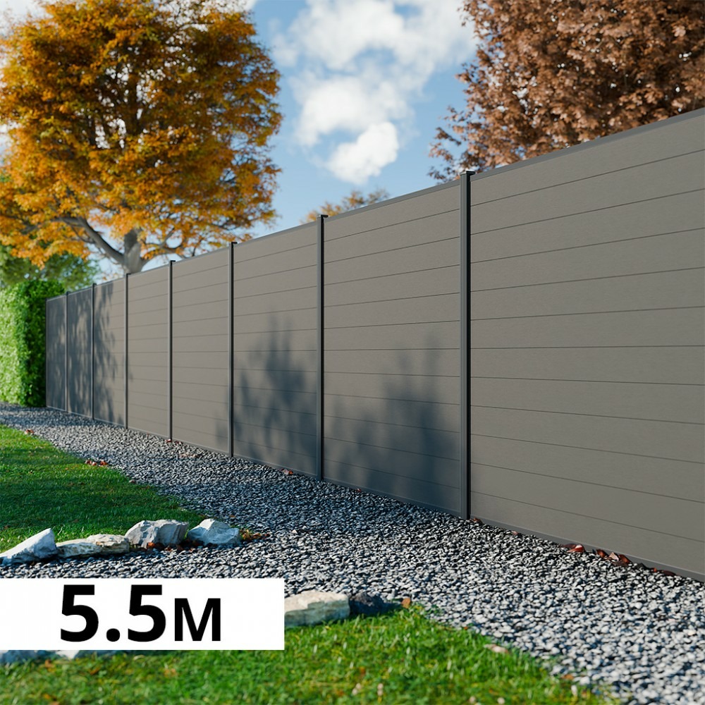Kit clôture bois composite platine 5,5x1,8m rio - poteaux en aluminium gris - brise vue - palissade