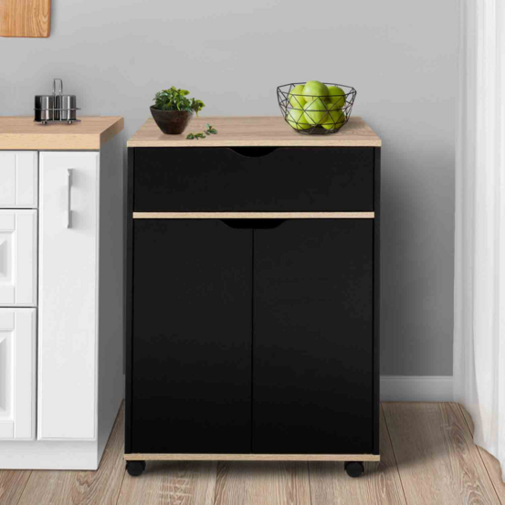 Desserte de cuisine cosy placard avec tiroir bois noir et plateaux façon hêtre l.60 cm