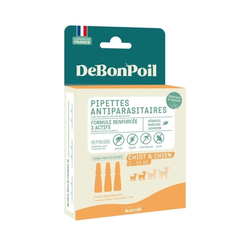 Pipettes antiparasitaires chiot et chien 2 à 10 kg debonpoil 3 pipettes