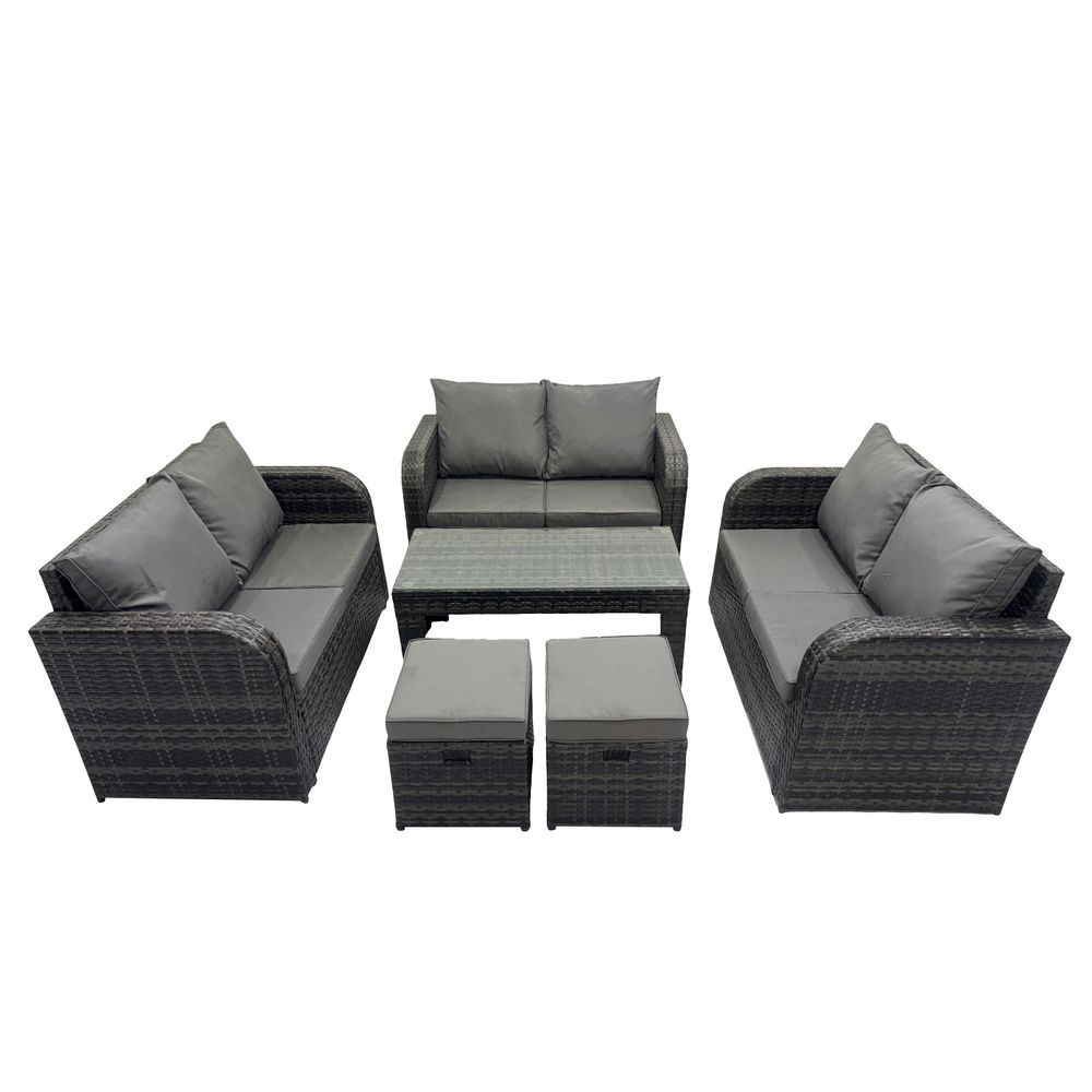 Ensemble de meubles de jardin en polyrotin 6 pièces avec table basse rectangulaire canapé à deux places 2 petits tabourets