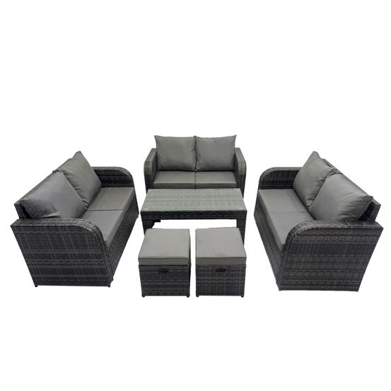 Ensemble de meubles de jardin en polyrotin 6 pièces avec table basse rectangulaire canapé à deux places 2 petits tabourets