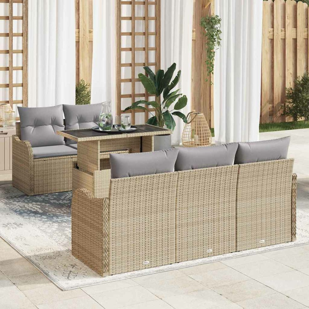 Ensemble de canapé de jardin avec coussin 6 pcs beige polyrotin