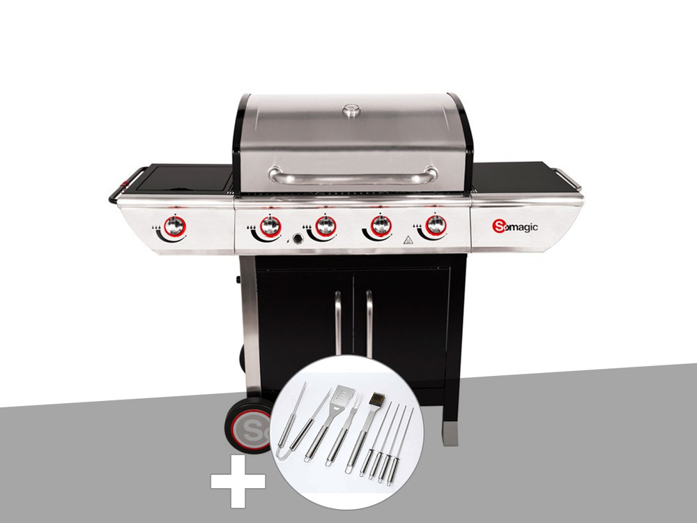 Barbecue à gaz avec chariot manhattan 450gpi + plancha + malette de 8 accessoire