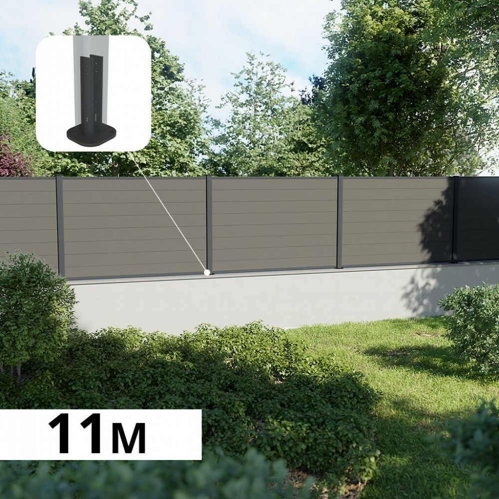 Kit clôture composite sur muret rio platine 11x1,2m - bois composite & aluminium - poteaux sur platines gris - brise vue