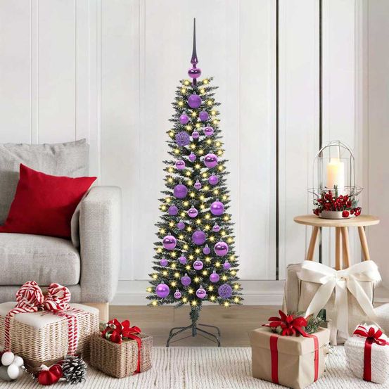 Sapin de noël slim 120cm lumineux, idéal entrée ou salon, avec 61 boules