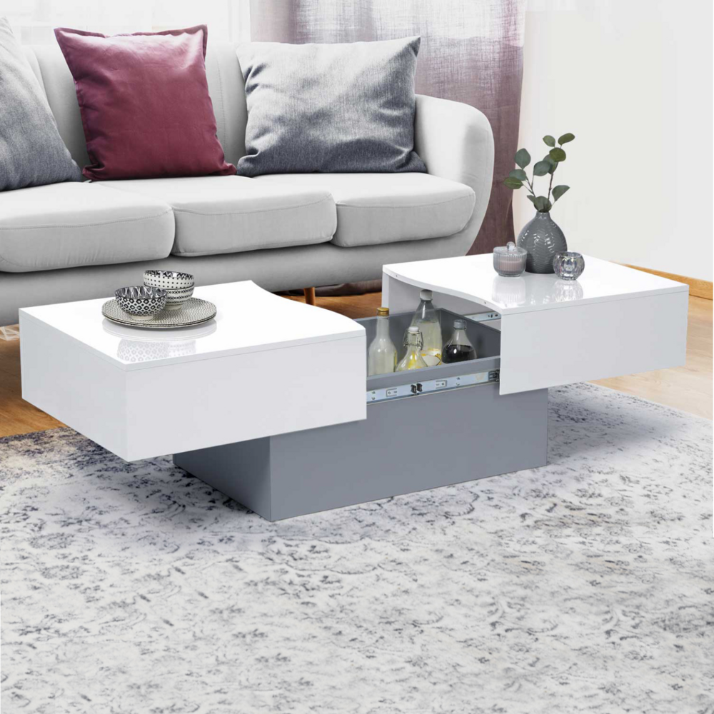 Table basse coulissante rectangulaire marta bois gris et plateau blanc