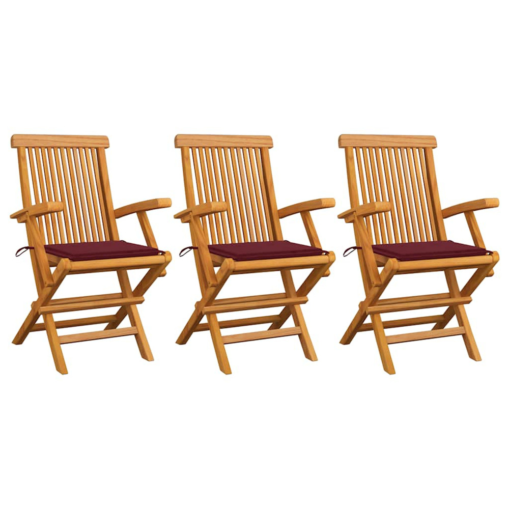 Chaises de jardin avec coussins rouge bordeaux lot de 3 teck
