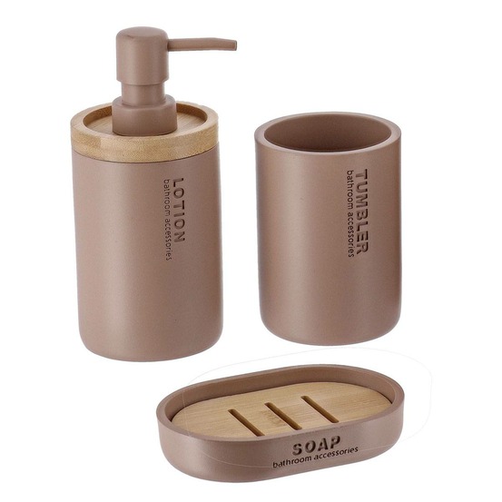 Set gobelet distributeur a savon et porte savon polyresine - cappuccino/bambou