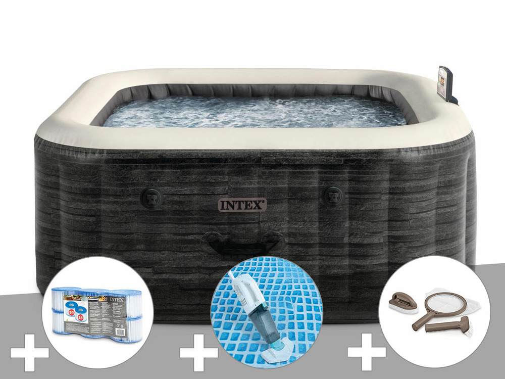 Kit spa gonflable purespa ardoise carré bulles 6 places + 6 filtres + aspirateu