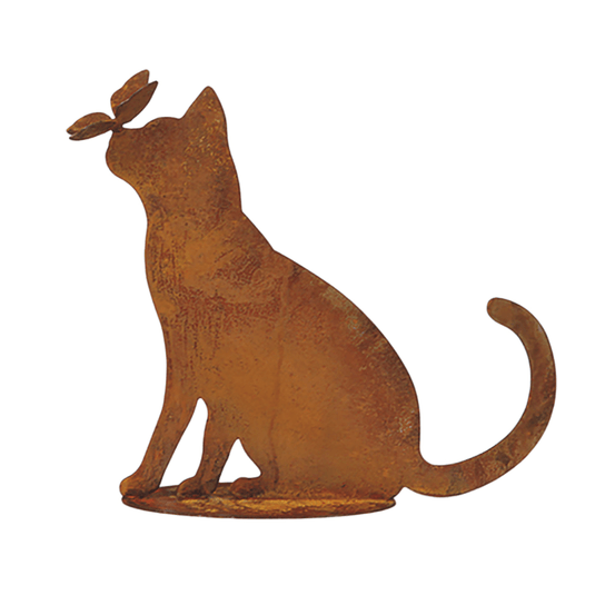 Figurine chat bisou papillon métal rouille : déco jardin - rouille