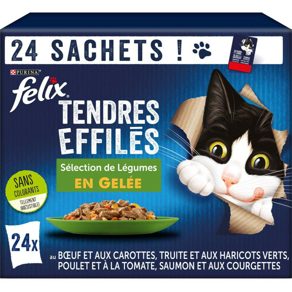 24 sachets de 85g pour chat, tendres effilés en gelée - sélection mixte lég
