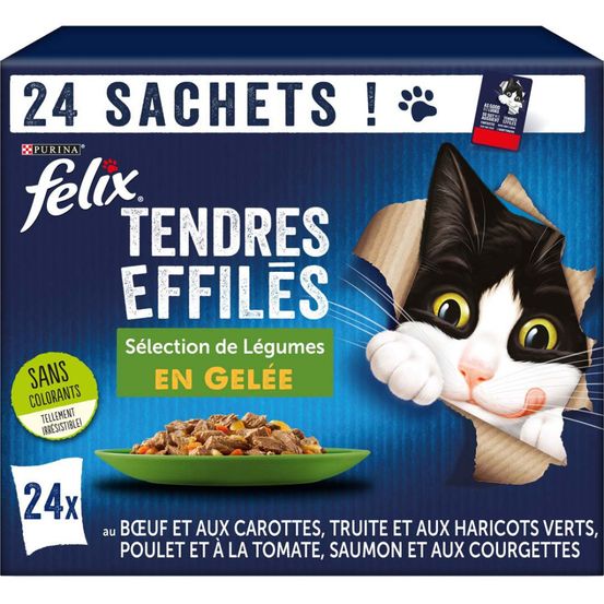 24 sachets de 85g pour chat, tendres effilés en gelée - sélection mixte lég