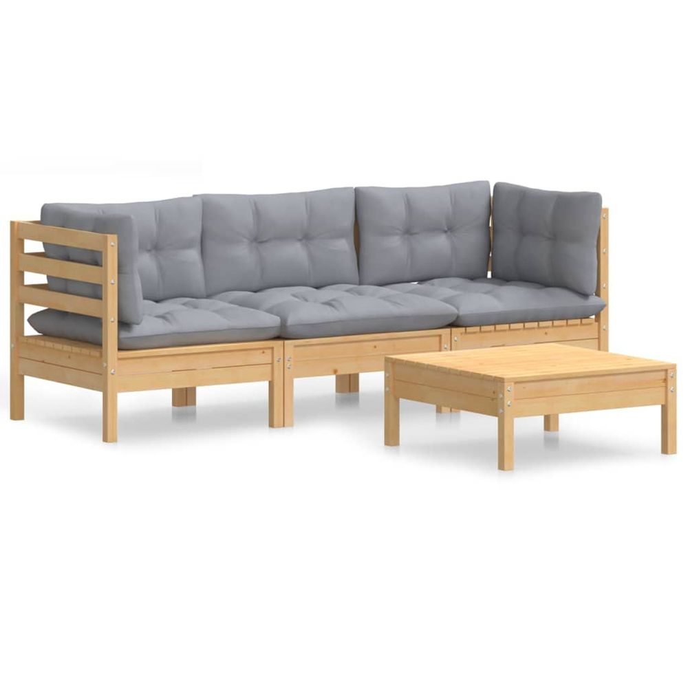 Salon de jardin 4 pcs avec coussins gris bois de pin