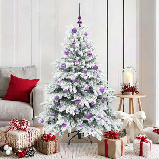Sapin de noël lumineux 150 cm, 150 led 8 modes et pack 61 boules, aspect naturel pe/pvc