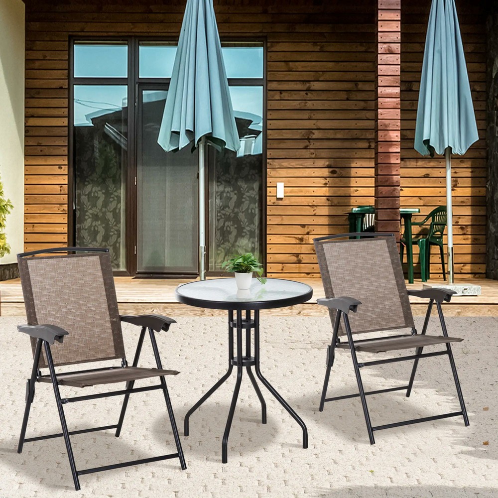 Ensemble de jardin 3 pièces 2 chaises inclinables multi-positions pliables + table ronde verre trempé métal textilène chocolat