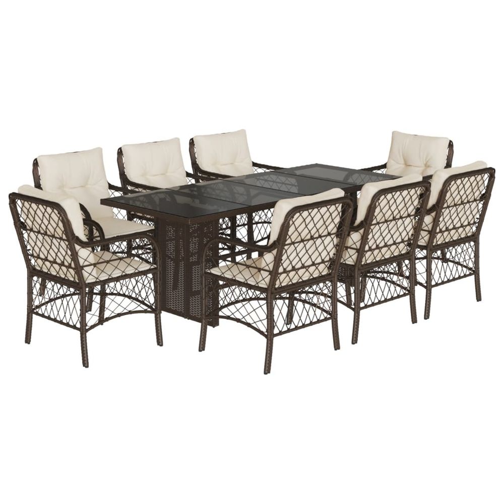 Ensemble à manger de jardin et coussins 9 pcs marron poly rotin