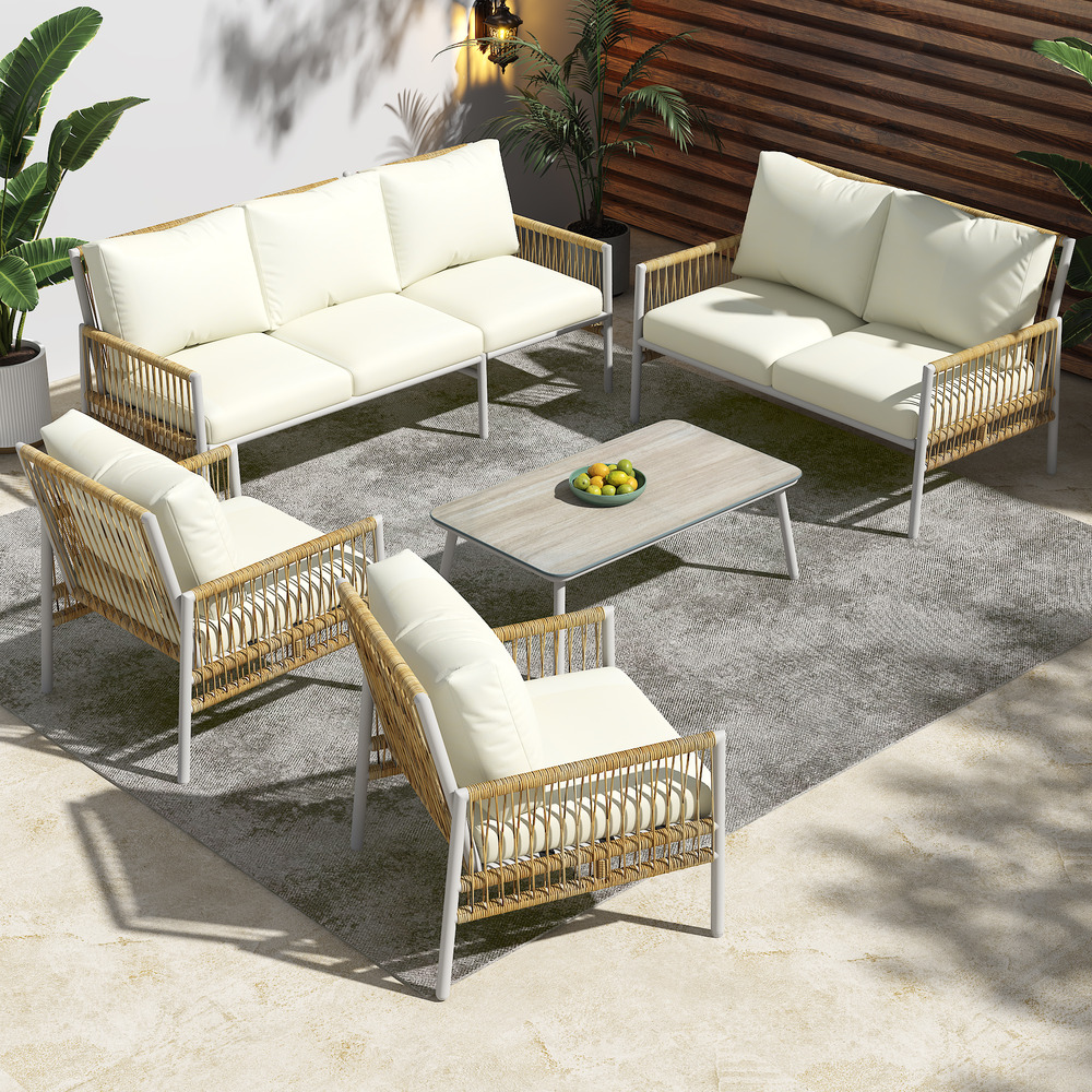 Mobilier jardin 7 pers: salon, table basse, résine tressée, acier galvanisé, verre imitation bois, coussins lavables beige