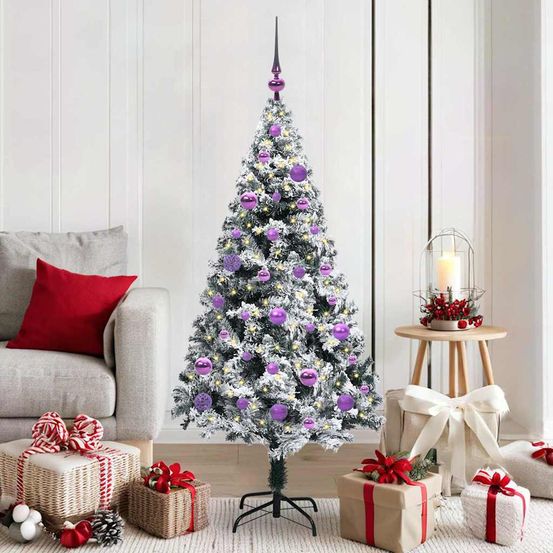 Sapin de noël artificiel dense 150cm vert, set complet avec décorations et guirlande led usb