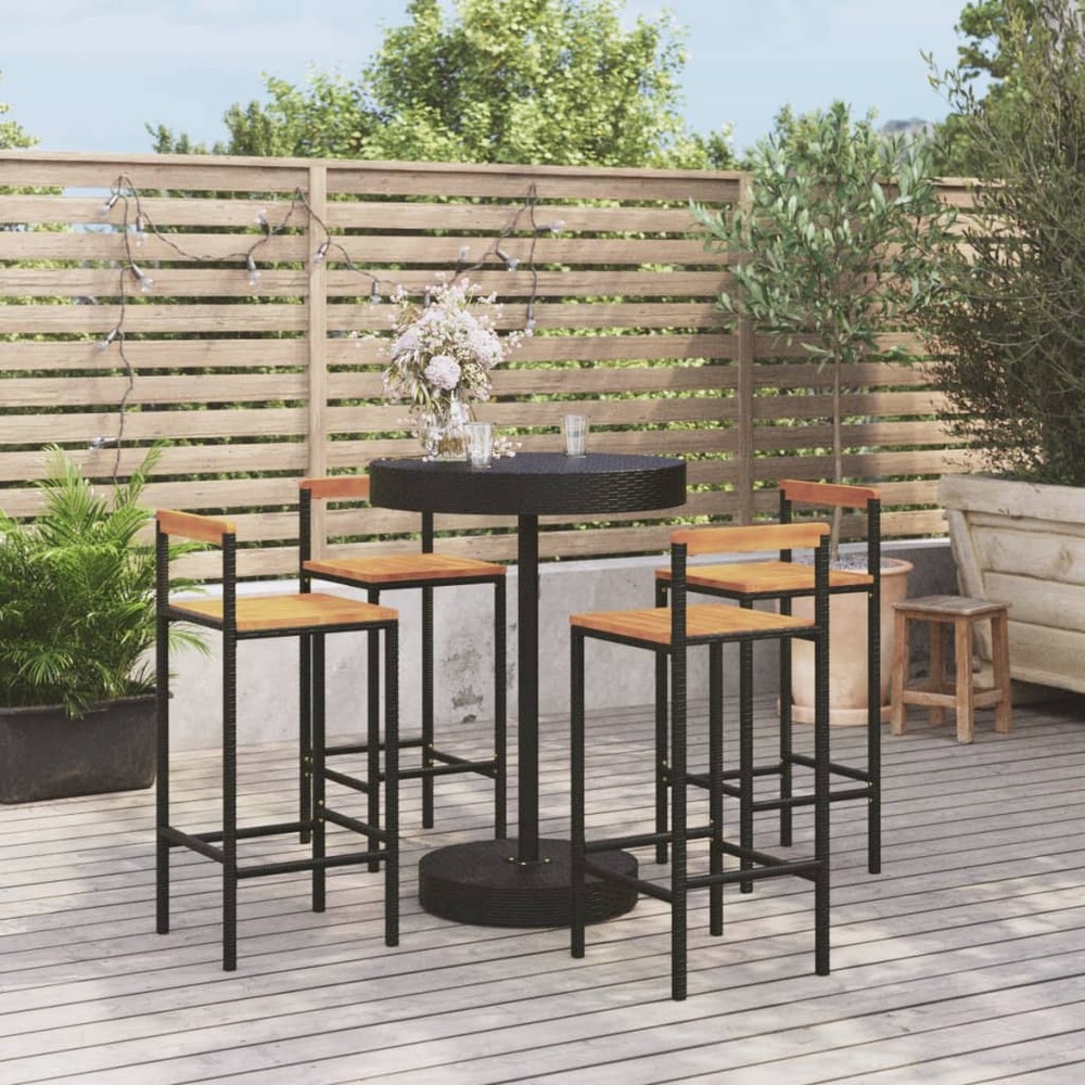 Ensemble de bar jardin 5 pcs noir poly rotin/bois massif acacia