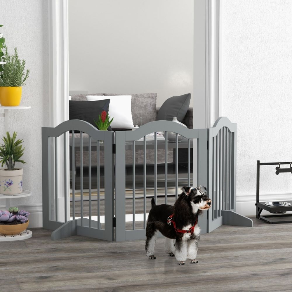 Barrière de sécurité chien bois pour maison pliable autoportante 154x61cm gris clair