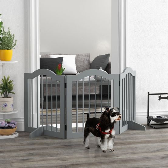 Barrière de sécurité chien bois pour maison pliable autoportante 154x61cm gris clair