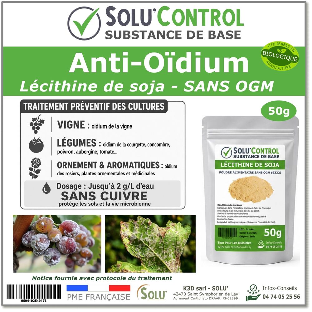 Solu'control lécithine de soja 50 g – traitement naturel préventif contre l'oïdium – substance de base - sans cuivre – vigne...