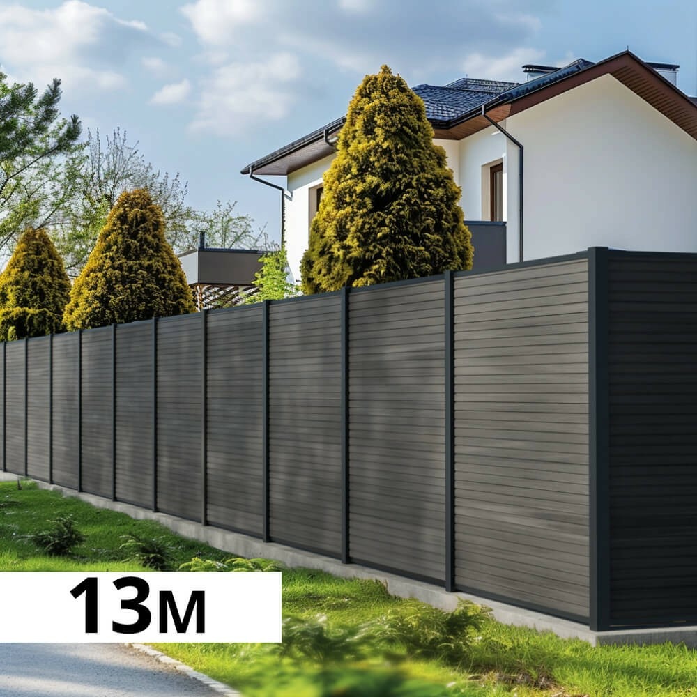 Kit clôture bois composite ardoise 13x1,8m santos - poteaux en aluminium gris - brise vue - palissade