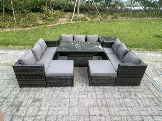 11 places extérieur rotin meubles de jardin canapé ensemble patio table à manger réglable avec table