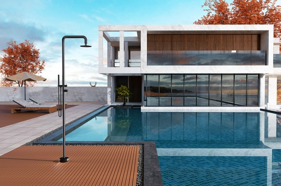 Douche de piscine en inox 316 noir finition mate et robinet monocommande