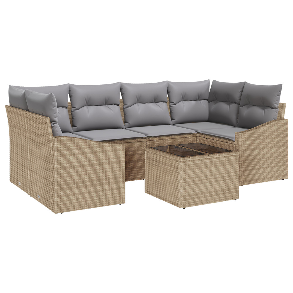 Ensemble de canapé de jardin 7 pièces avec coussins beige rattan poly