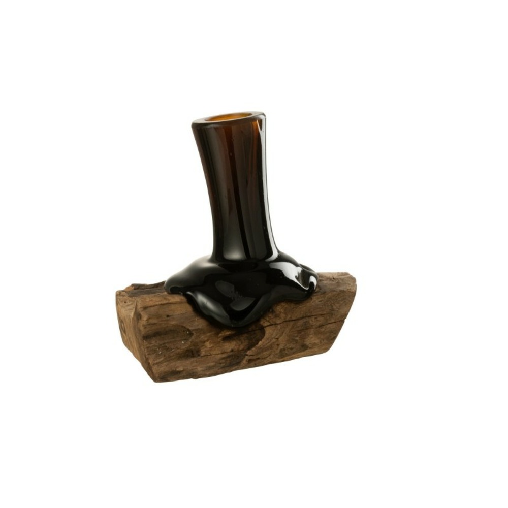 Vase sur pied bois en verre recyclé marron 16.5x12x19.5 cm