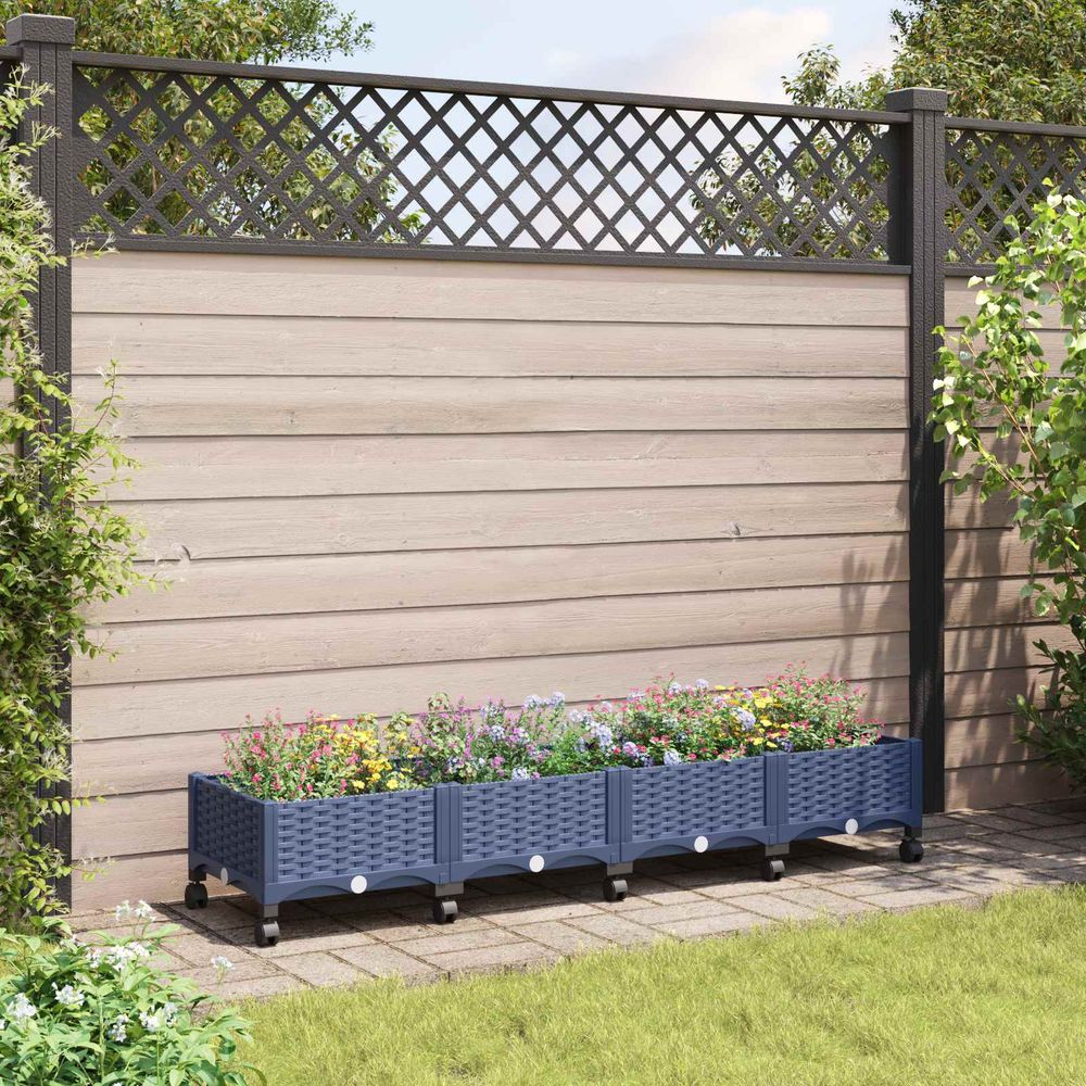 Très longue jardinière polypropylène extérieur culture grands volumes gris bleu roues