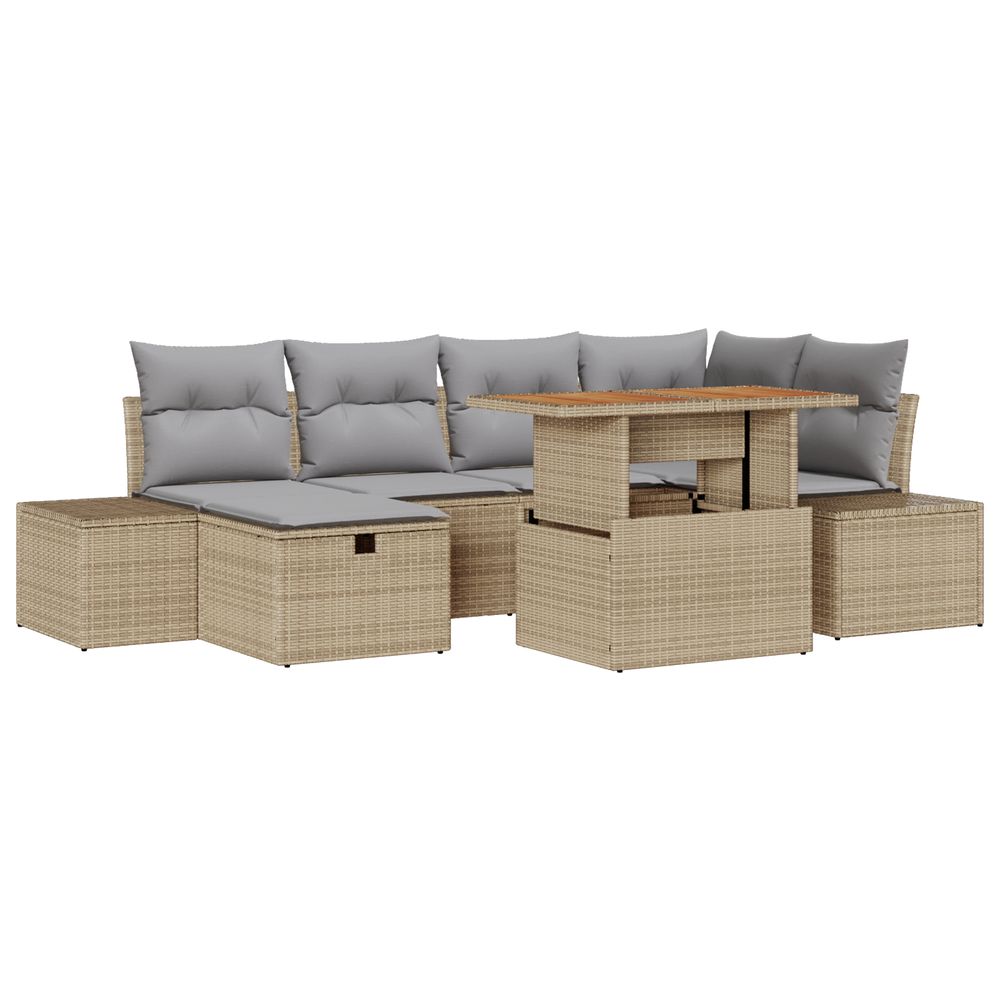 Ensemble de salle à manger de jardin de 7 pièces avec coussins beige poly rattan acacia