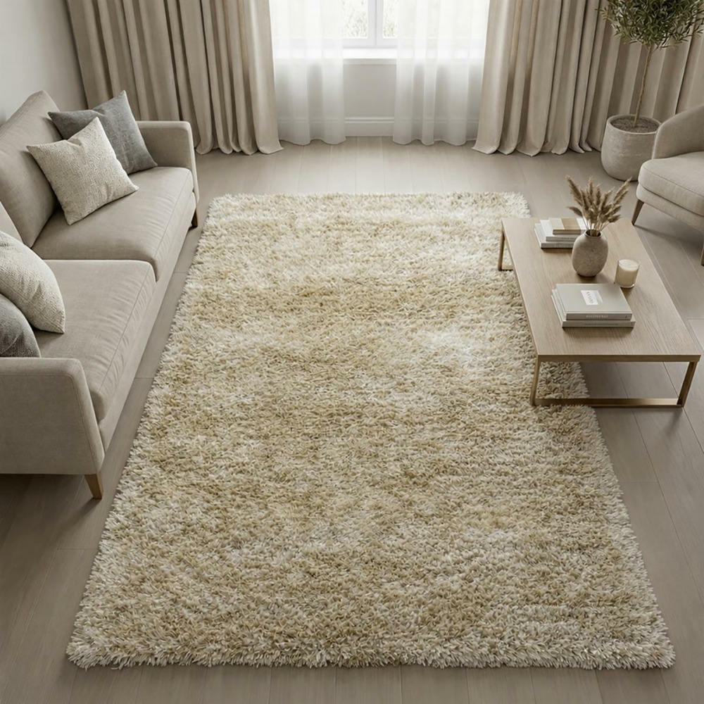 Tapis shaggy 90x160 rectangle fait main crème motif uni malaidroy