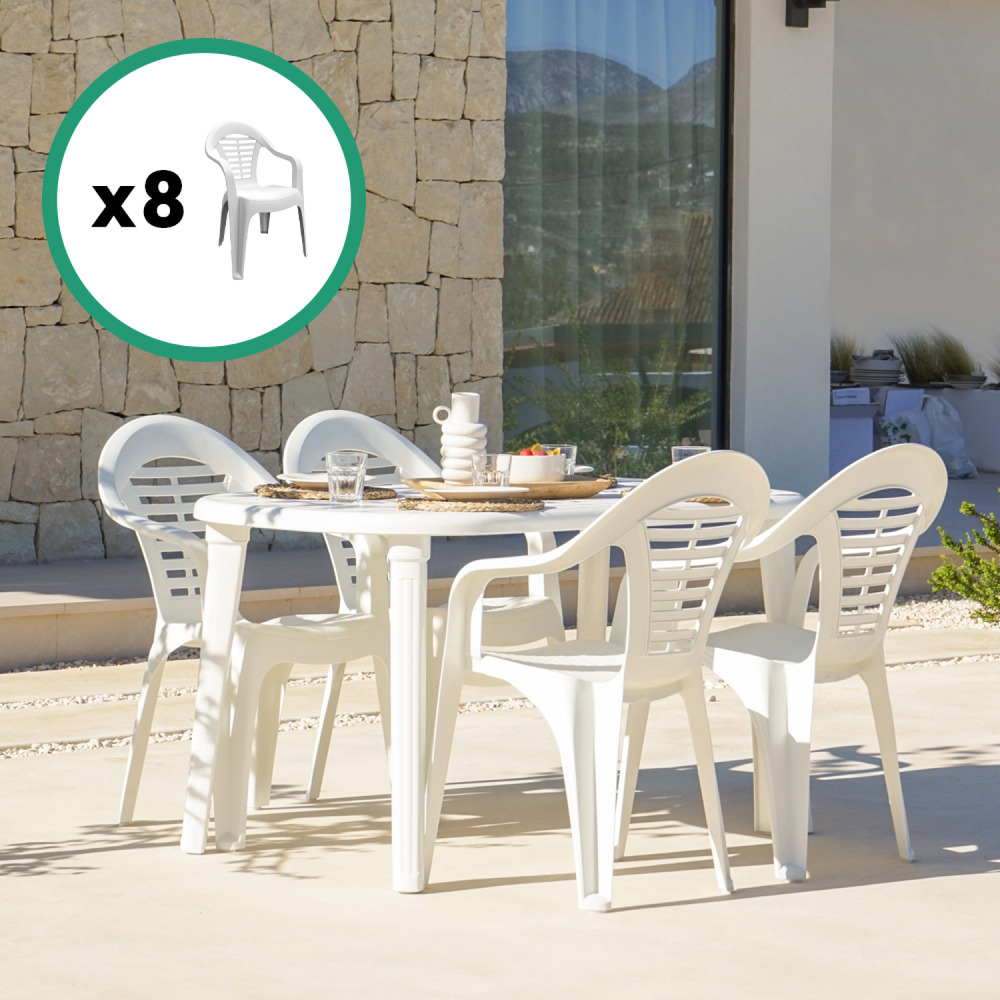 Table extensible 170x90x73cm blanche + 8 chaises atlantica
