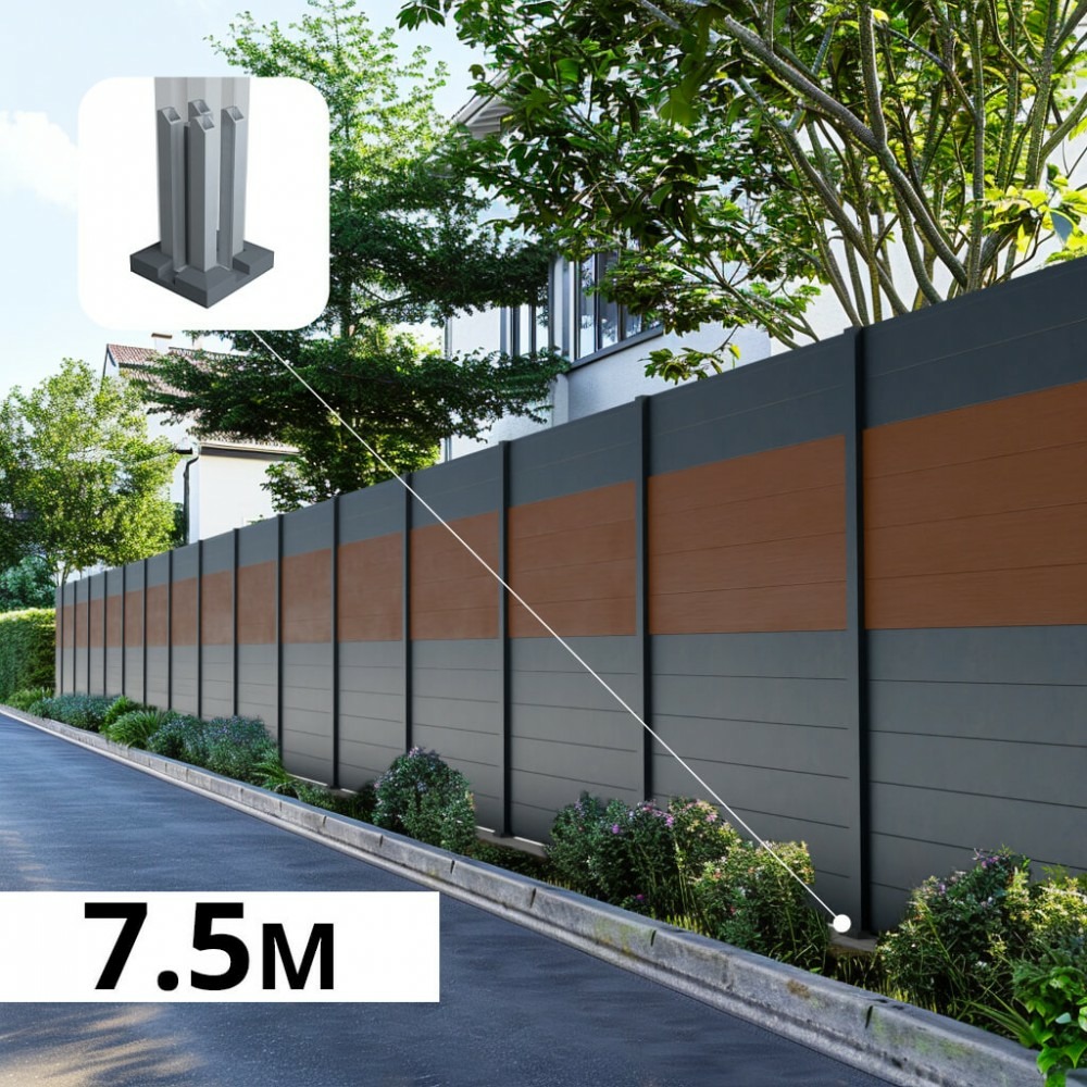 Kit clôture aluminium bahia & cruz teck 7,38x1,8m - aluminium et bois composite - poteaux sur platines gris - occultation