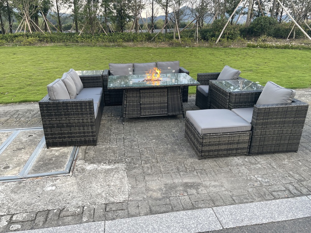 Mobilier de jardin en rotin extérieur foyer au gaz table à manger set chauffage au gaz chaise 9 places