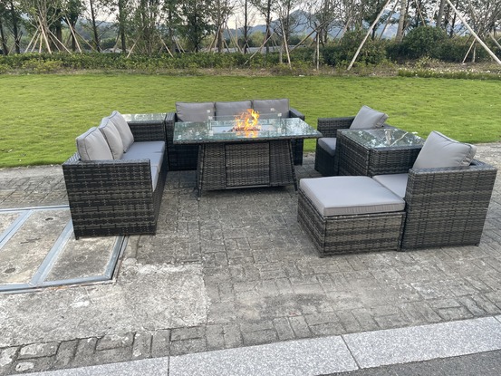 Mobilier de jardin en rotin extérieur foyer au gaz table à manger set chauffage au gaz chaise 9 places