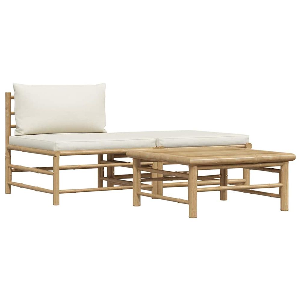 Salon de jardin 3 pcs avec coussins blanc crème bambou