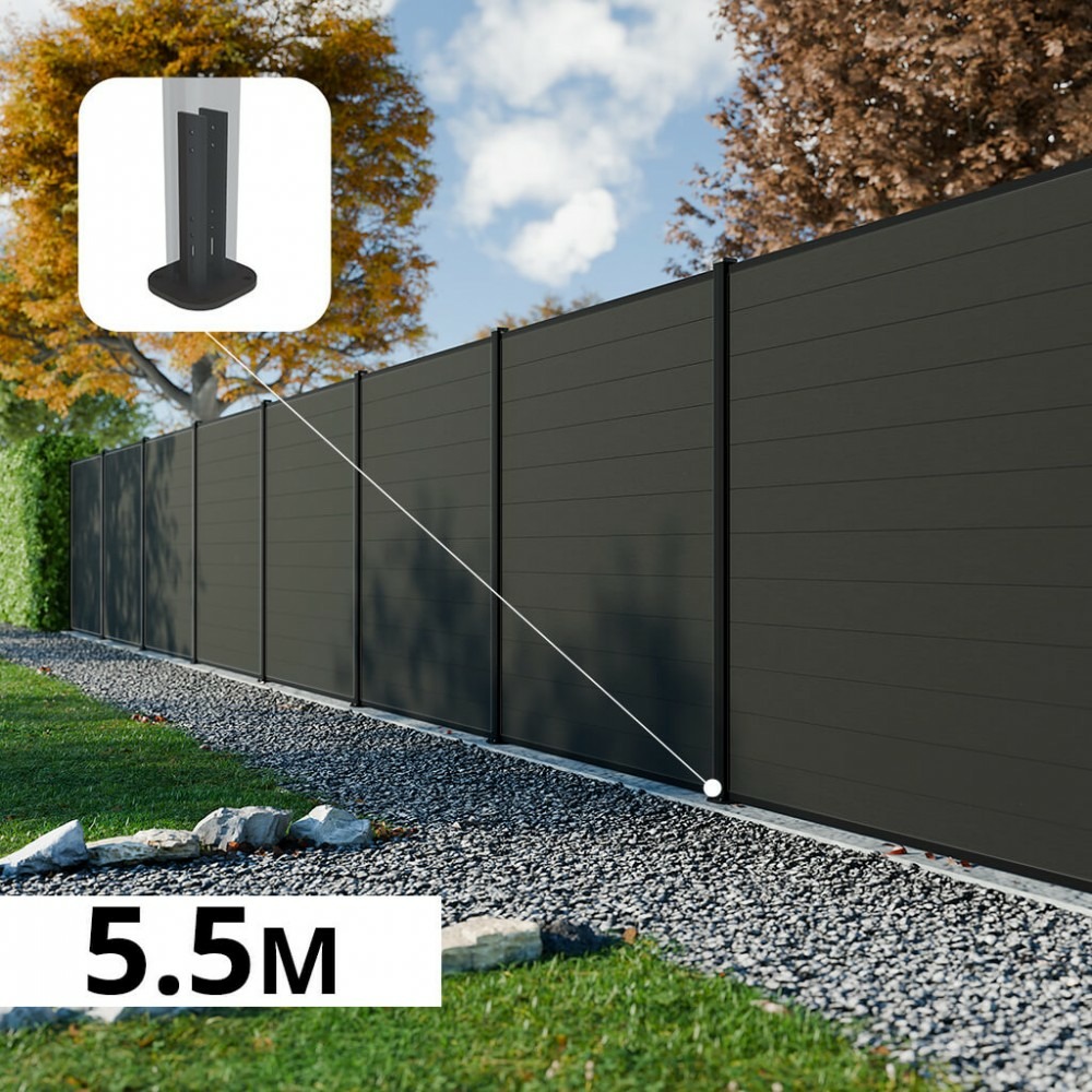 Kit clôture composite rio anthracite 5,5x1,8m - bois composite & aluminium - poteaux sur platines noir - brise vue - palissade