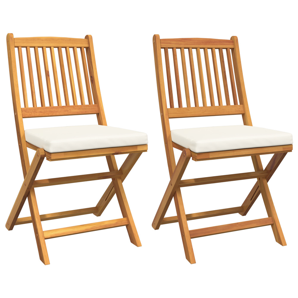 Chaises de jardin pliantes avec coussin blanc 2pcs en bois d'acacia solide